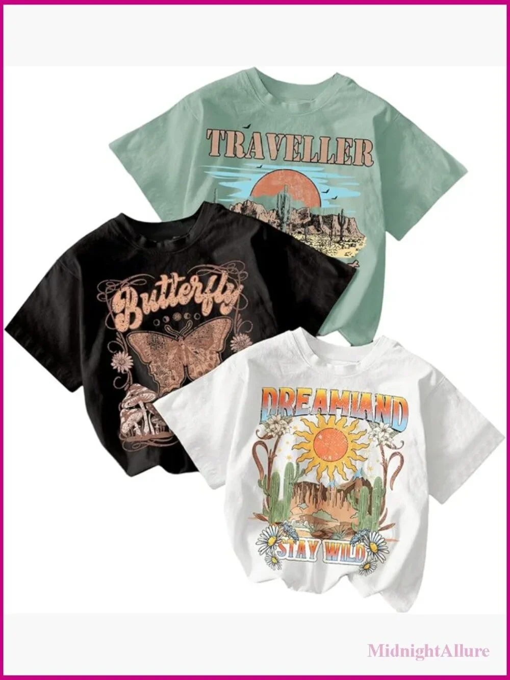 Kids Star Butterfly Tees 3 Pack Crew Neck Short Sleeve
